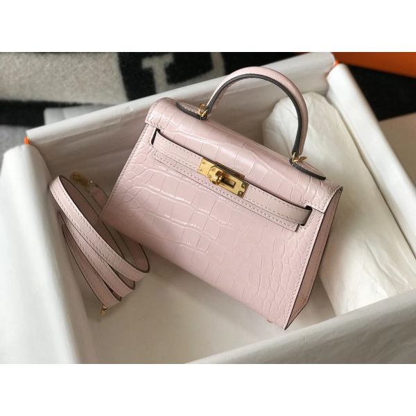 HERM Kelly Mini II Bag In Rose Dragee Embossed Crocodile Leather