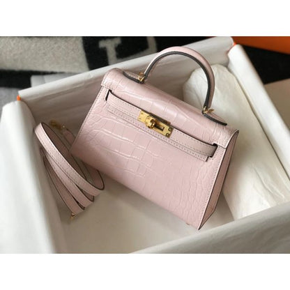 HERM Kelly Mini II Bag In Rose Dragee Embossed Crocodile Leather