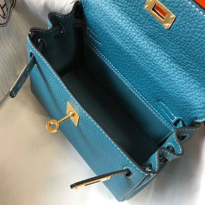 HERM Kelly 20cm Bag In Blue Jean Clemence Leather GHW