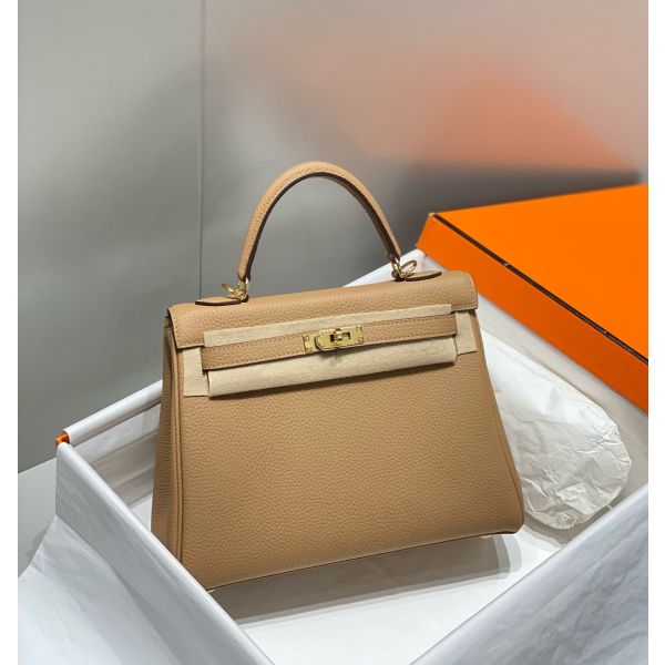 HERM Kelly 25cm Retourne Bag In Chai Clemence Leather GHW