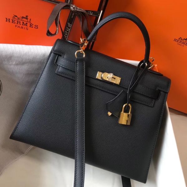 HERM Kelly 25cm Sellier Bag In Black Epsom Leather