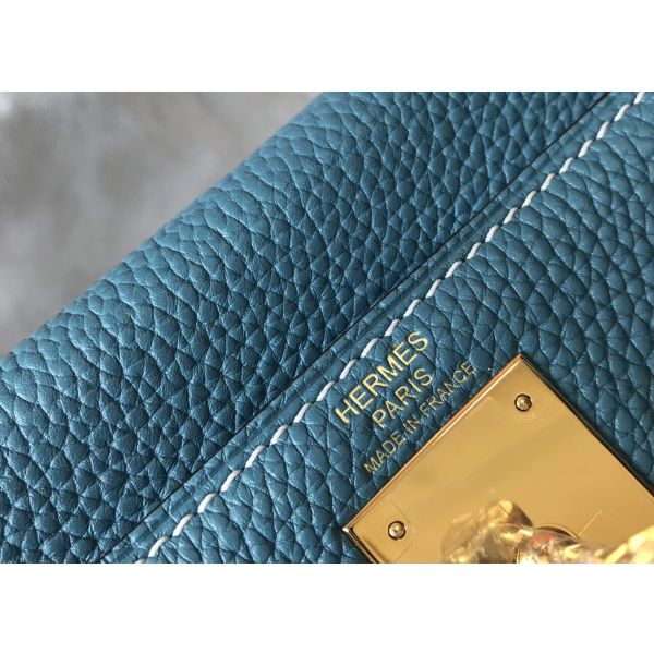 HERM Kelly 28cm Bag In Blue Jean Clemence Leather GHW