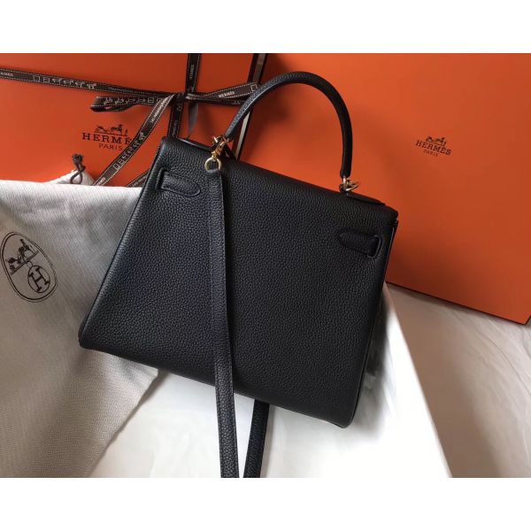 HERM Kelly 28cm Bag In Black Clemence Leather GHW