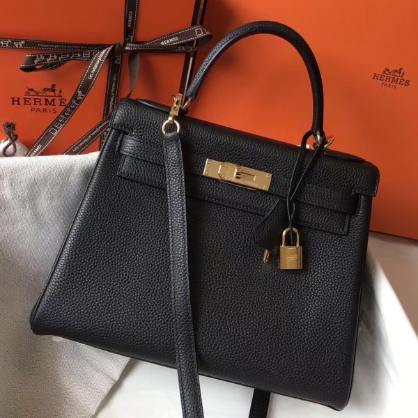 HERM Kelly 28cm Bag In Black Clemence Leather GHW