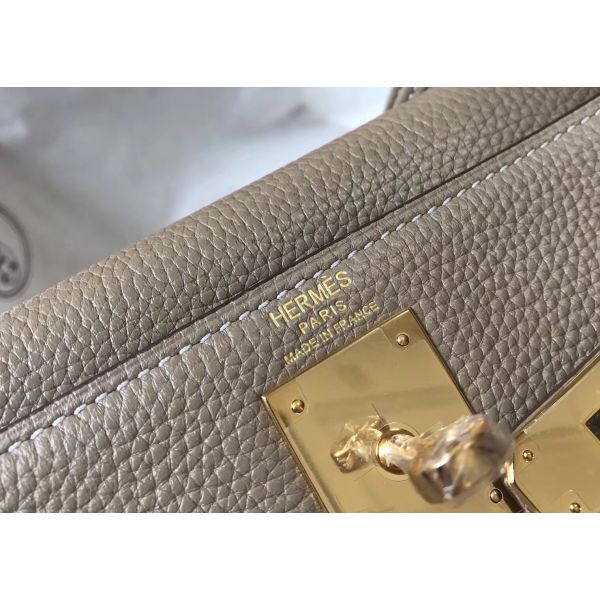 HERM Kelly 28cm Bag In Gris Tourterelle Clemence Leather GHW