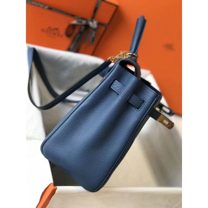 HERM Kelly 32cm Bag In Blue Agate Clemence Leather GHW