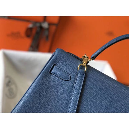 HERM Kelly 32cm Bag In Blue Agate Clemence Leather GHW