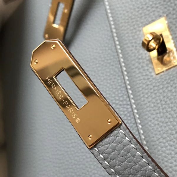 HERM Kelly 32cm Bag In Blue Lin Clemence Leather GHW