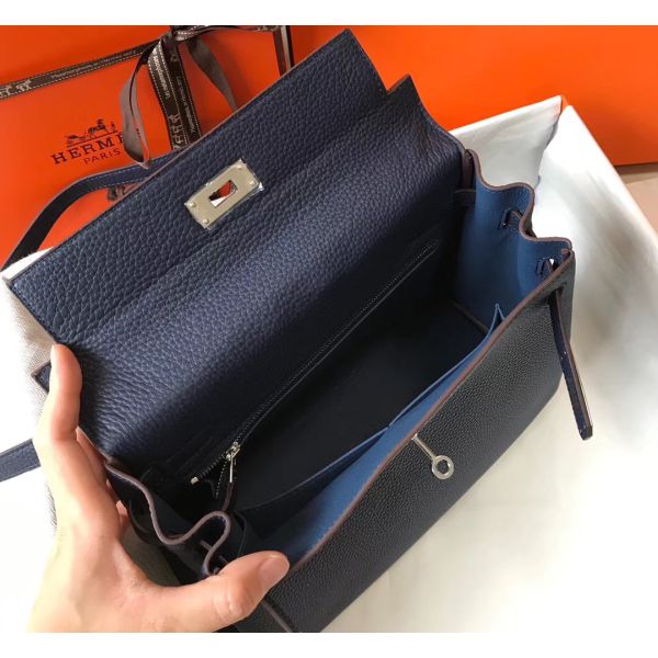 HERM Kelly 32cm Bag In Dark Blue Clemence Leather PHW