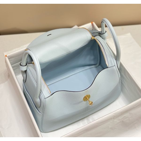 HERM Lindy 30cm Bag In Blue Brume Clemence Leather GHW