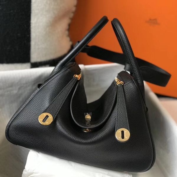 HERM Lindy 30cm Bag In Black Clemence Leather GHW