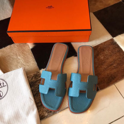 HERM Oran Slide Sandals In Blue Jean Clemence Leather