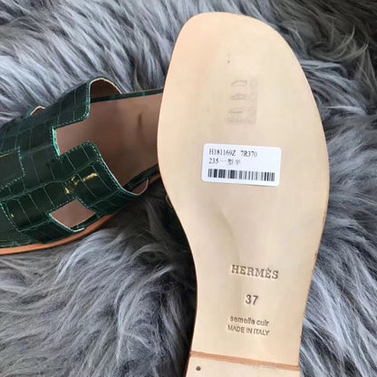 HERM Oran Sandals In Green Shiny Niloticus Crocodile