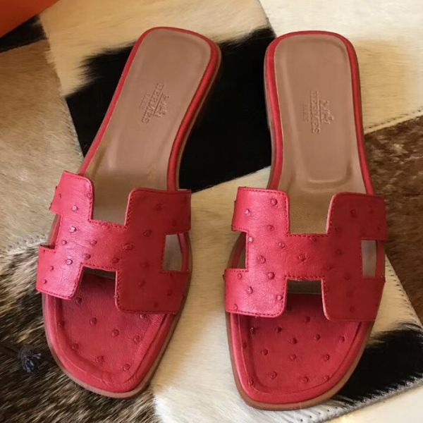 HERM Oran Sandals In Red Ostrich Leather