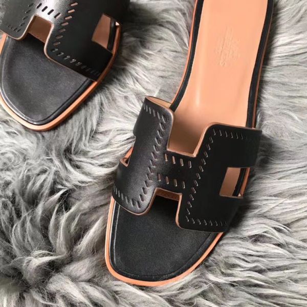 HERM Oran Perforated Sandals In Black Swift Leather