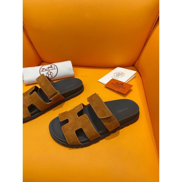 HERM Men's Chypre Sandals in Brown Suede Calfskin