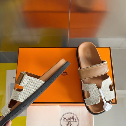 HERM Men's Chypre Sandals In Canvas with Brown Leather