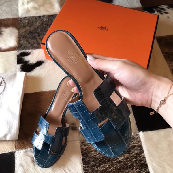 HERM Oasis Sandals In Blue Shiny Niloticus Crocodile