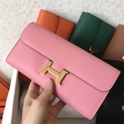 HERM Constance Long Wallet In Pink Epsom Leather
