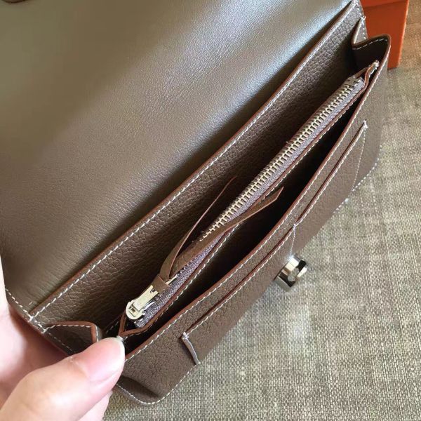 HERM Dogon Duo Wallet In Taupe Clemence Leather