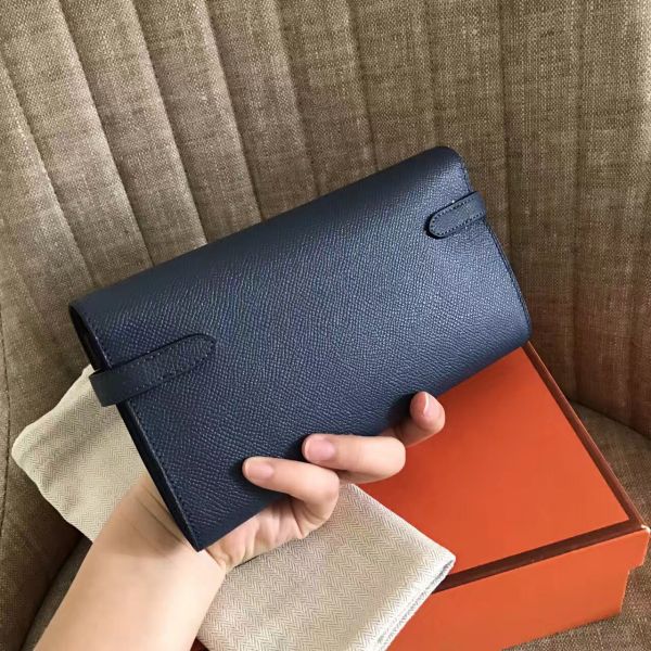 HERM Kelly Classic Long Wallet In Navy Epsom Leather