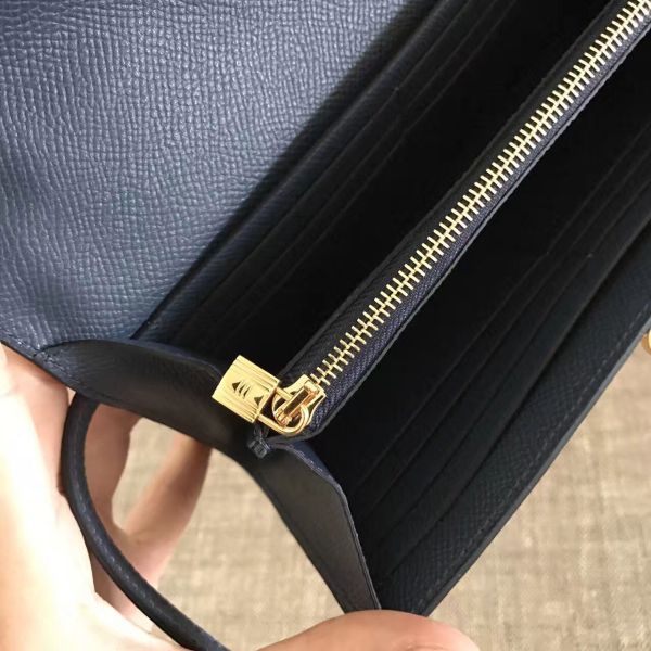 HERM Kelly Classic Long Wallet In Navy Epsom Leather
