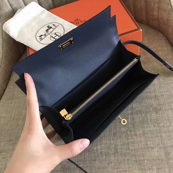 HERM Kelly Classic Long Wallet In Navy Epsom Leather