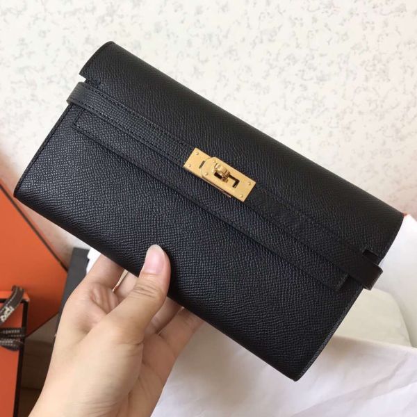 HERM Kelly Classic Long Wallet In Black Epsom Leather