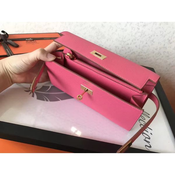 HERM Kelly Classic Long Wallet In Pink Epsom Leather