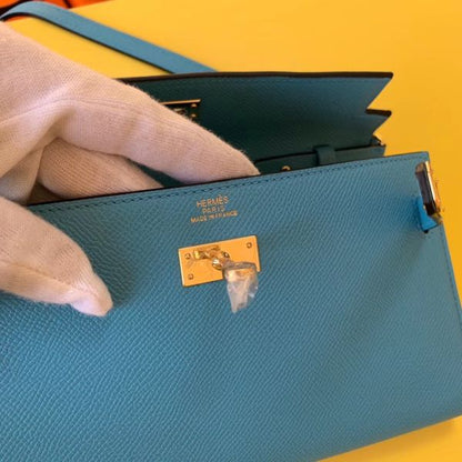 HERM Kelly Classique To Go Wallet In Blue Du Nord Epsom Calfskin