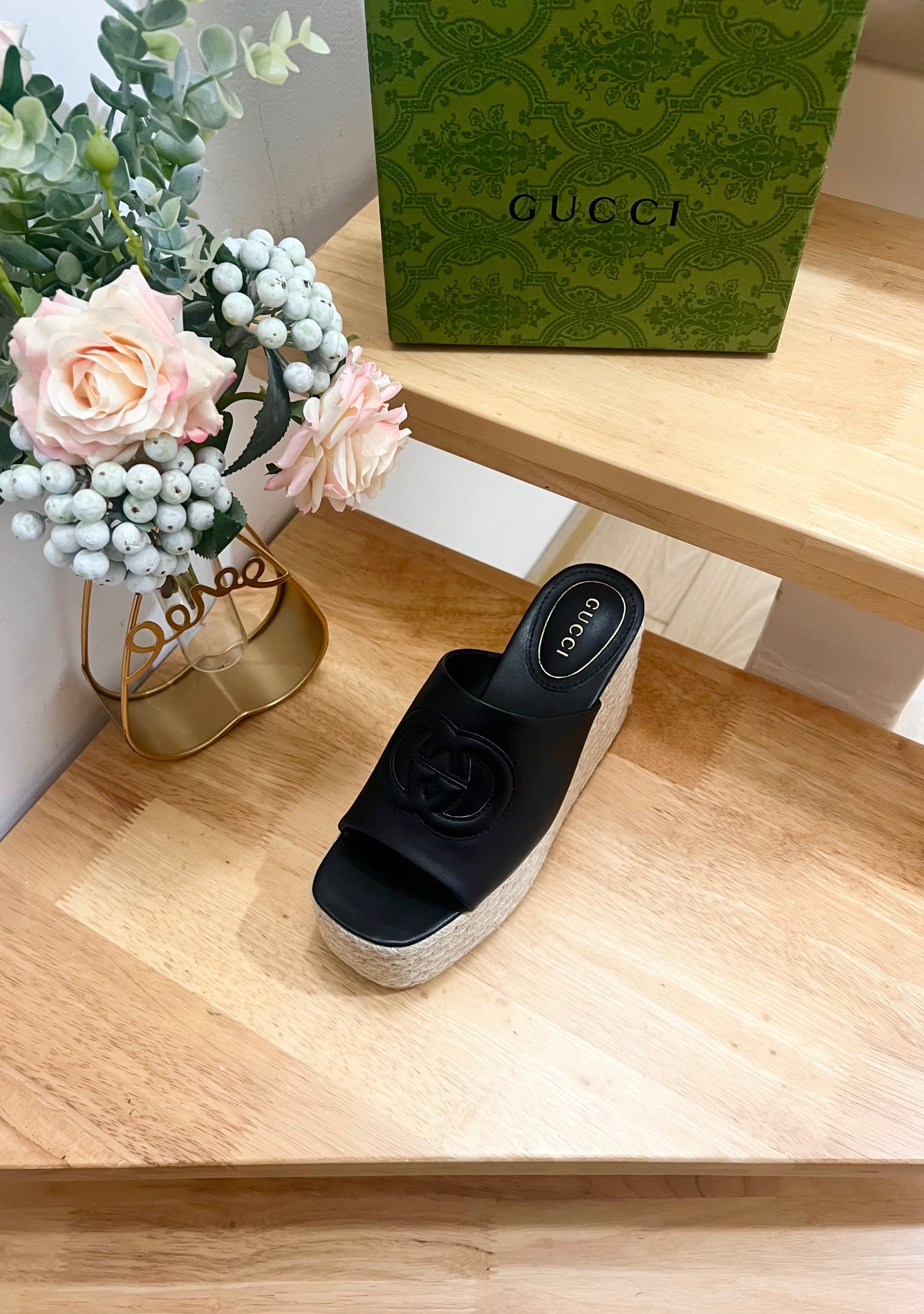 HIGH 10CM WEDGE SANDALS IN BLACK SHEEPSKIN