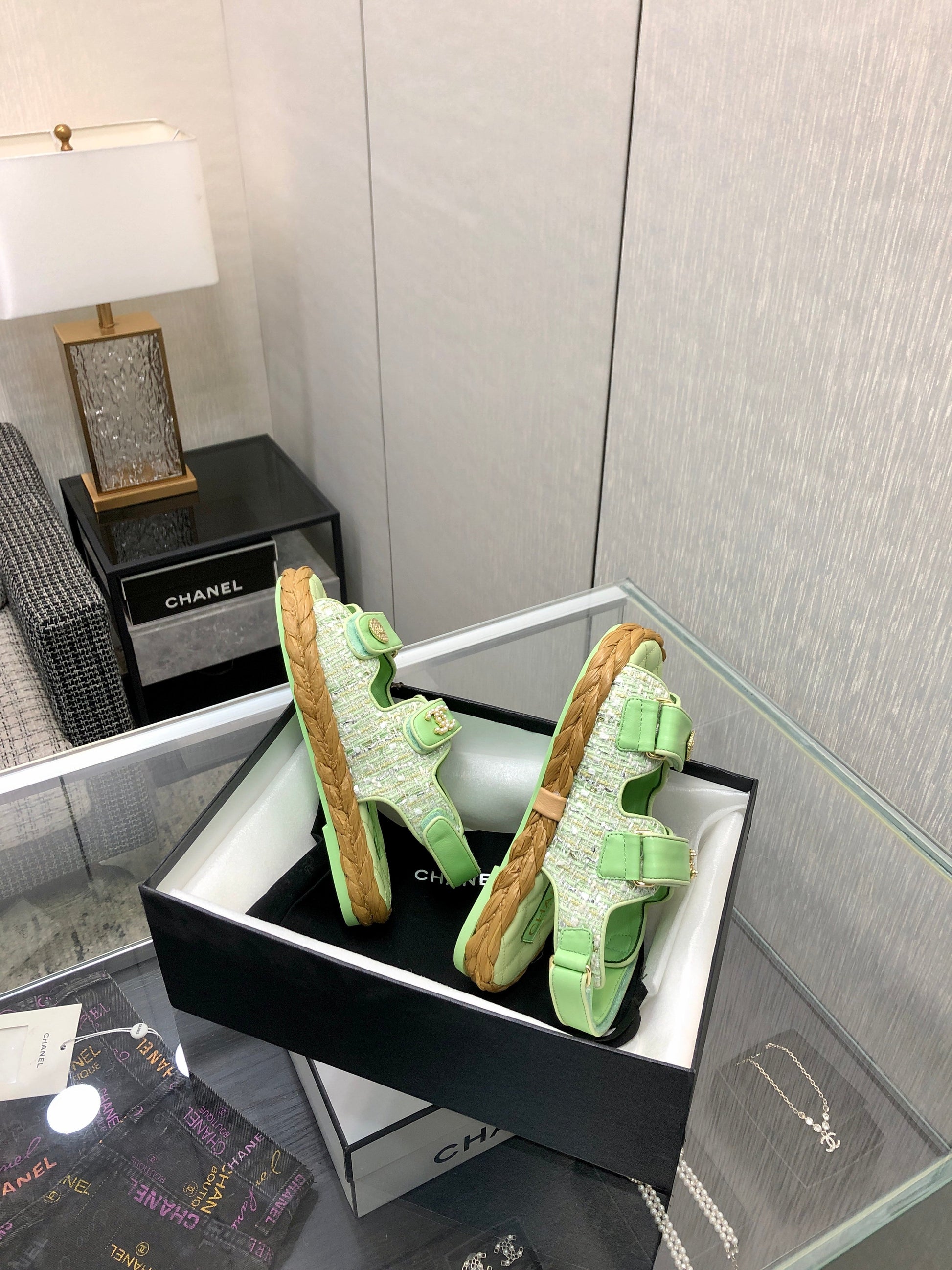 VELCRO SANDALS IN GREEN PASTEL LAMBSKIN AND TWEED FABRIC
