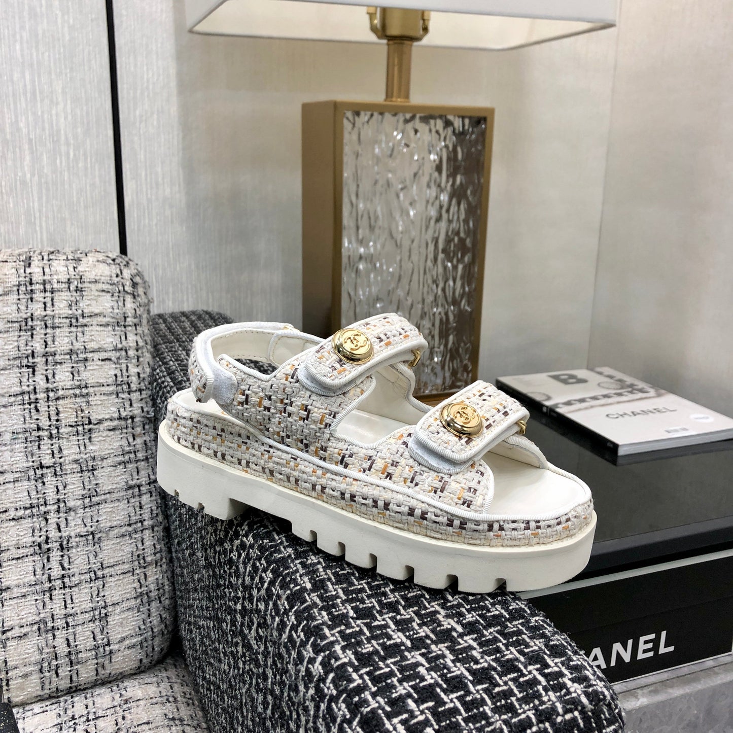 DAD SANDAL IN WHITE MIX LIGHT GOLD TWEED FABRIC