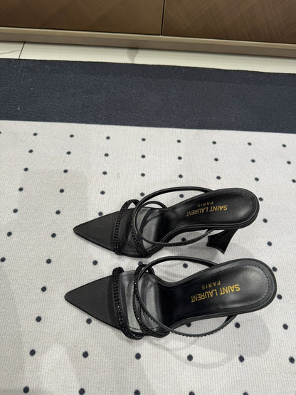 HIGH CRYSTAL STRAP SANDALS IN BLACK SILK