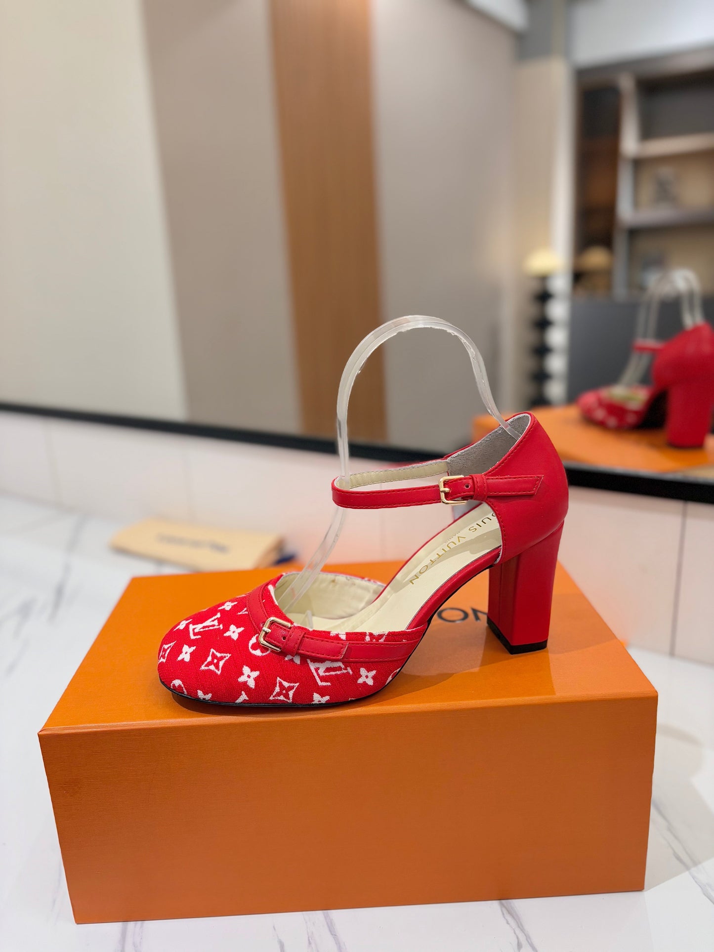 HIGH SANDALS 8 CM IN CHERRY RED MONOGRAM DENIM