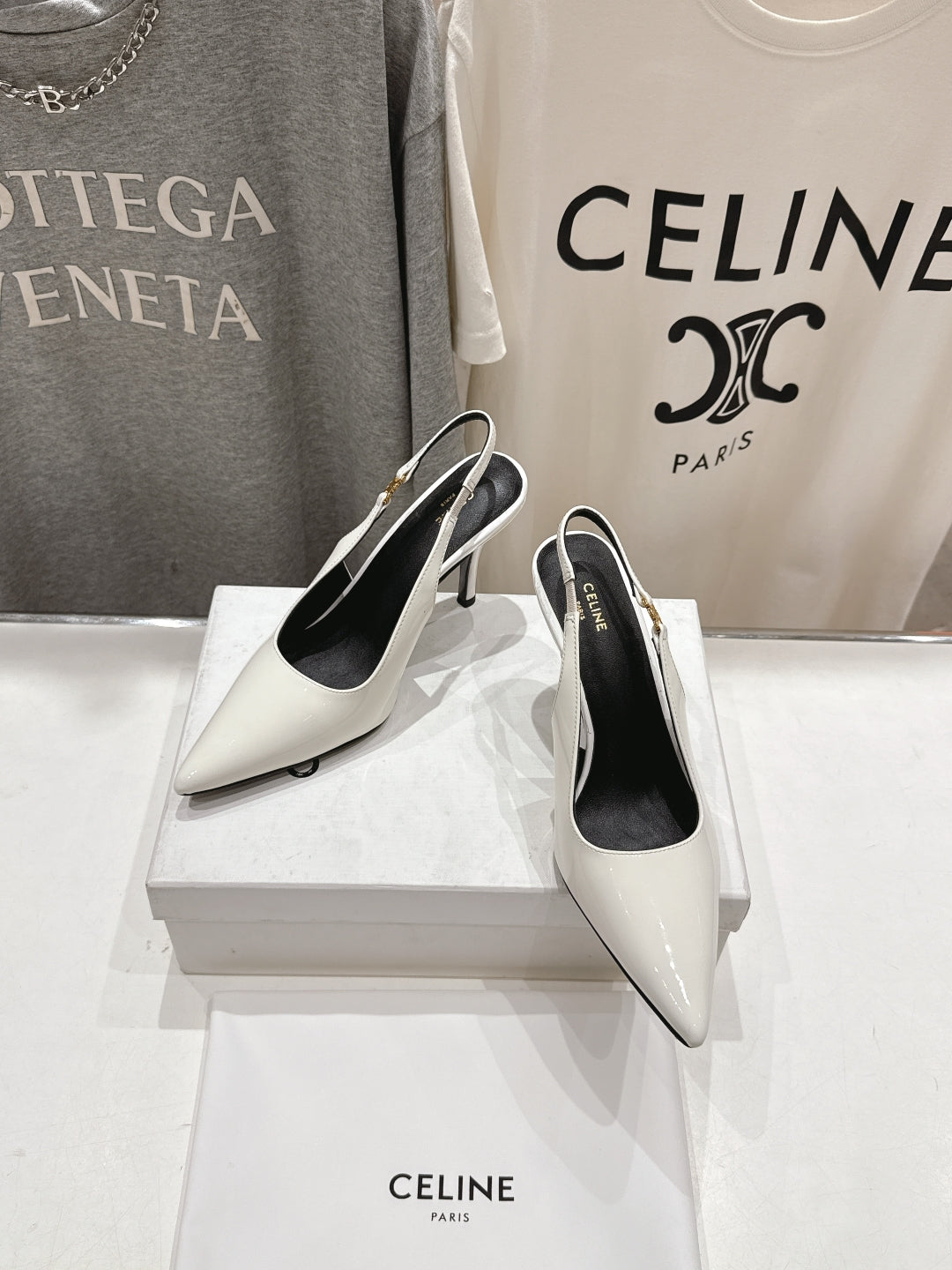 JUDY TRIOMPHE STILETTO SLINGBACK 75MM IN WHITE PATENT CALFSKIN