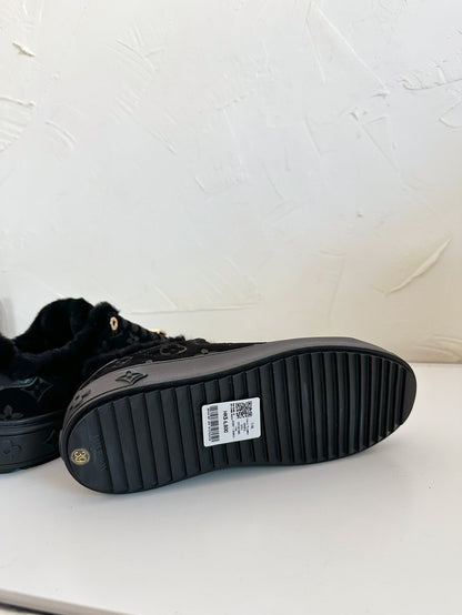TIME OUT SNEAKER IN BLACK MONOGRAM EMBOSSED SUEDE WITH FLEECE LINING