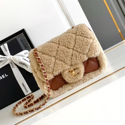 MINI FLAP BAG 18 IN BEIGE WOOL AND GINGER ORANGE CALFSKIN GOLD HARDWARE