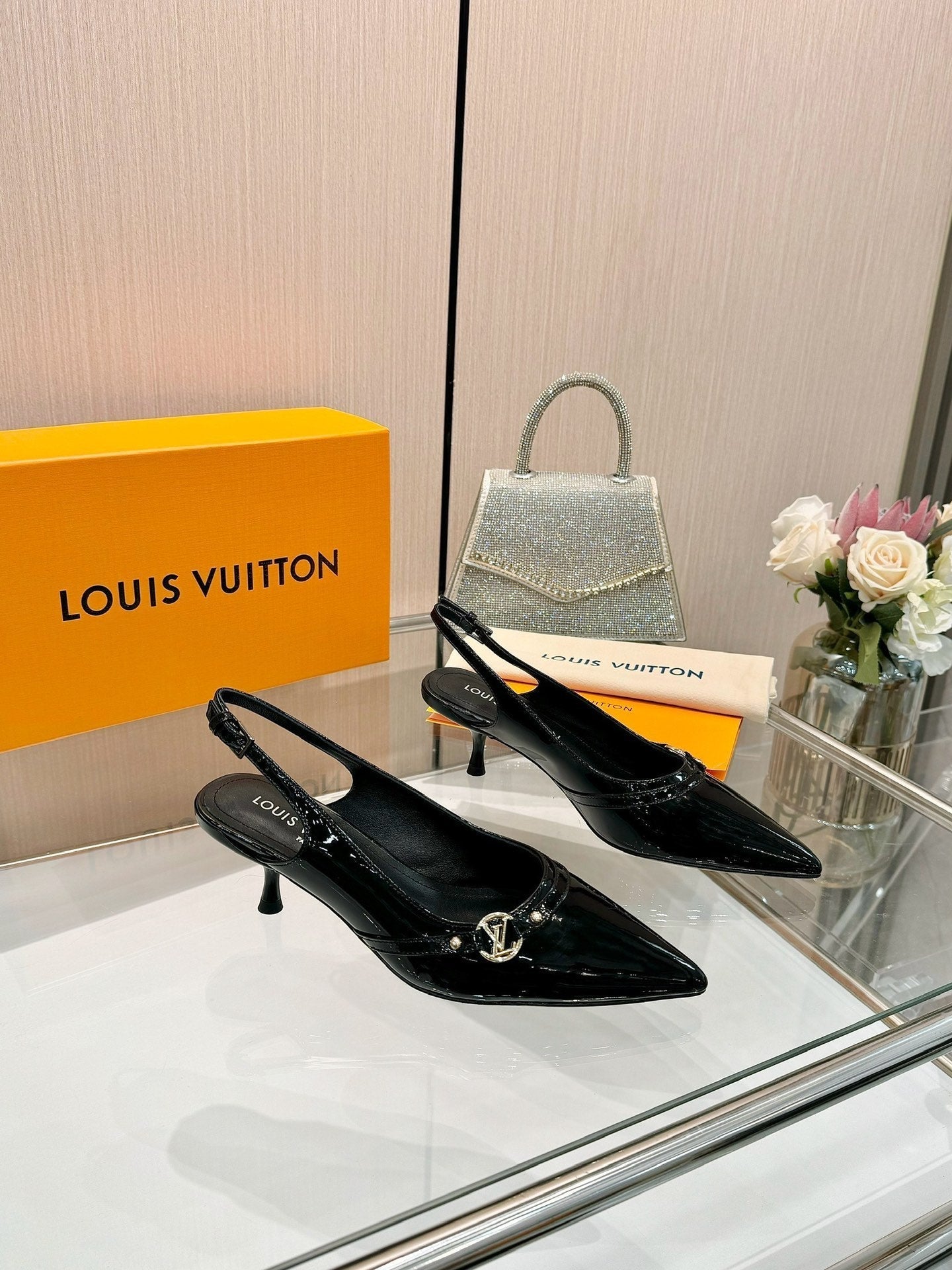 6AM SLINGBACK HIGH HEELS 55 MM IN BLACK PATENT LAMBSKIN