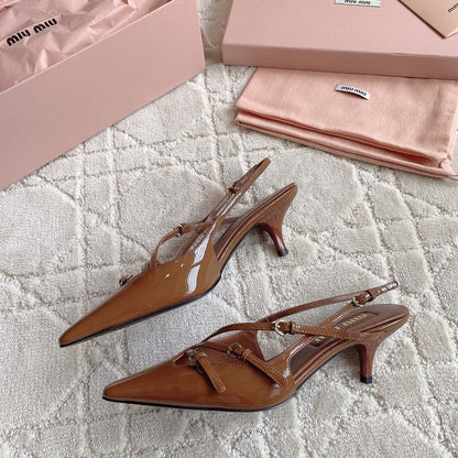 Slingback Ash Brown Leather With Stylized Cross Straps - Mid Heels