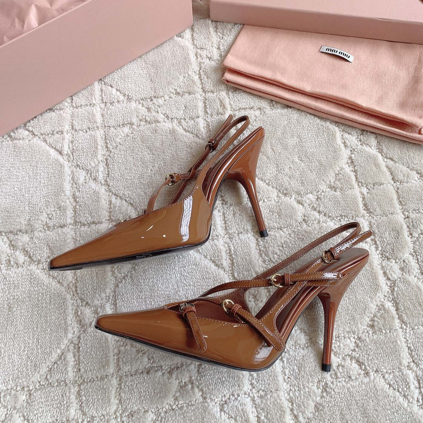 Slingback Ash Brown Leather With Stylized Cross Straps - High heels