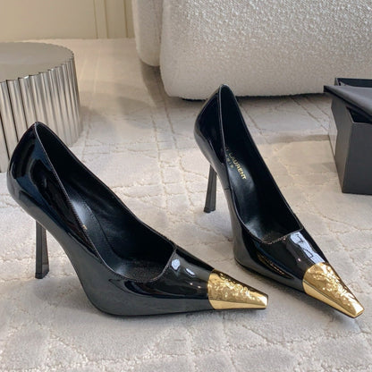 HIGH HEEL 10 CM PUMP IN BLACK PATENT CALFSKIN WITH GOLD HARDWARE