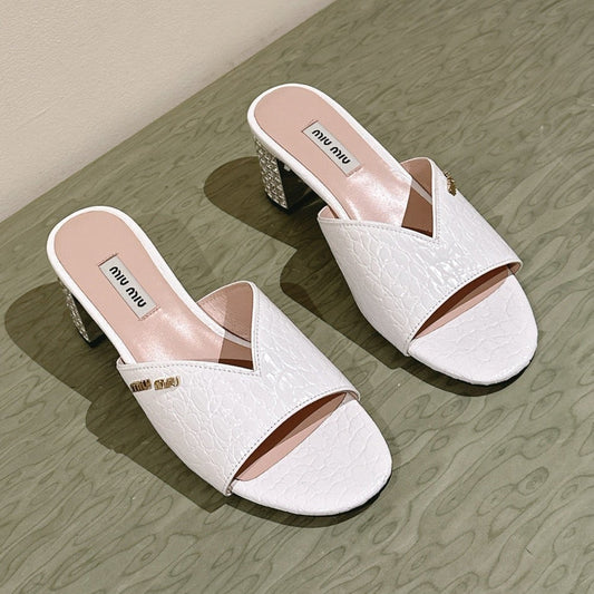 JEWELLED HEEL 55 MULE SANDALS IN WHITE CALFSKIN