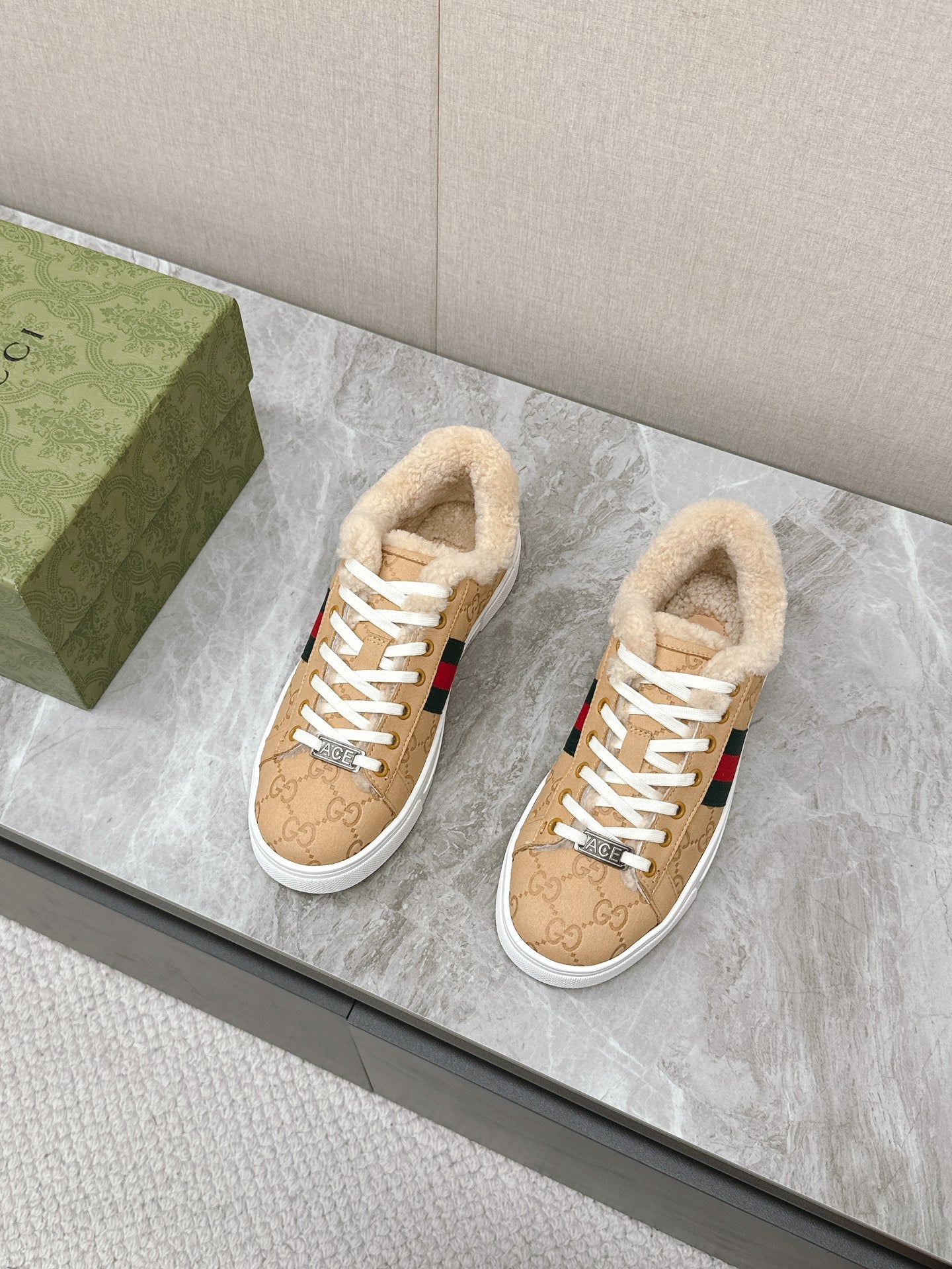 GG ACE SNEAKER WITH WEB IN BEIGE EMBOSSED SUEDE AND WOOL LINING