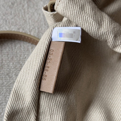 SMALL WOODY BASKET 17 IN NATURAL FIBERS BLUSHY BEIGE WEBBING BROWN CALFSKIN