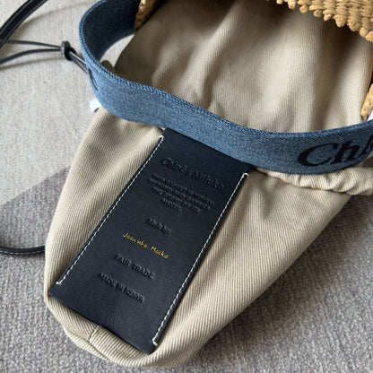 SMALL WOODY BASKET 17 IN NATURAL FIBERS BLUE DENIM BLACK CALFSKIN