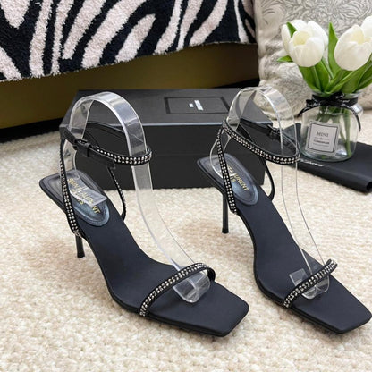 SL GEORGIA WHITE CRYSTAL SANDALS PUMP BLACK SATIN