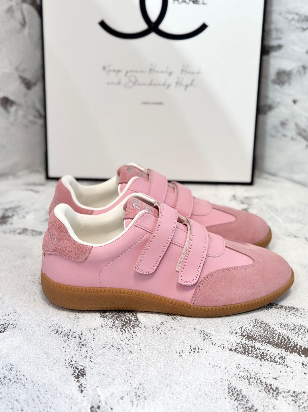 RETRO SNEAKERS WITH RIPTAPE STRAPS IN PINK LAMBSKIN MIX SUEDE