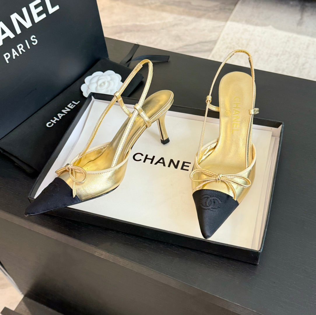 SLINGBACK WITH BOW IN GOLDEN MIX BLACK LAMBSKIN