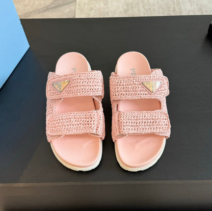 PRA RAFFIA CORK SLIDE LIGHT PINK CALFSKIN
